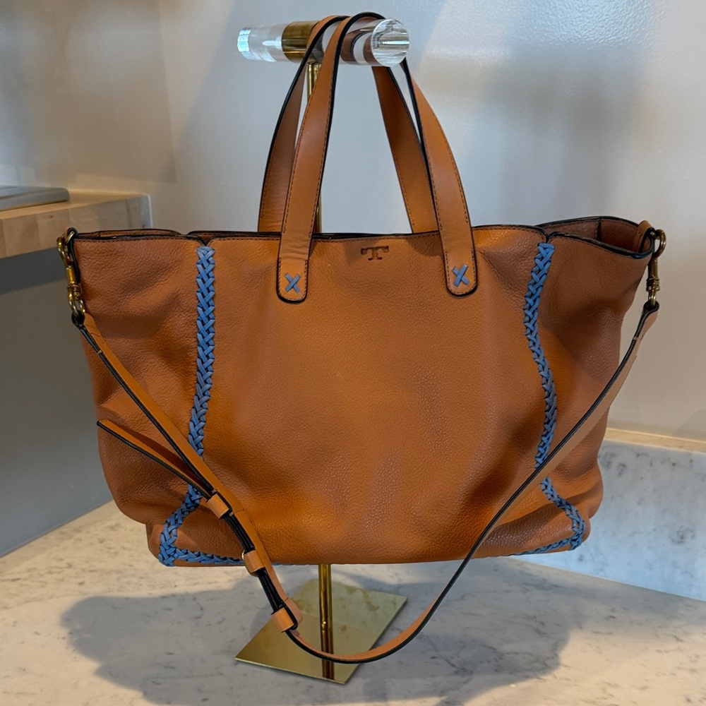 Tory Burch Tan Tote with Blue Accents